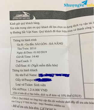 Ảnh Vé tàu SG-Đà Nẵng 27 tết (01/02/2019)