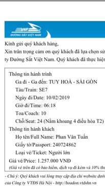 Ảnh Cần nhượng lại vé tàu mùng 6 Tết tuyến Tuy Hoà-Sài Gòn