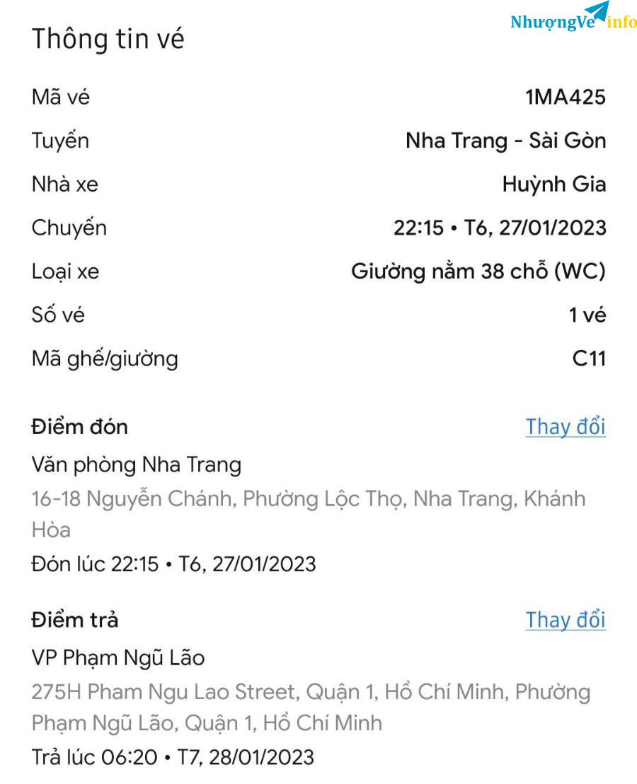 Ảnh Vé xe Huỳnh Gia đi từ Nha Trang - Sài Gòn tối 27/1/2023 22h15