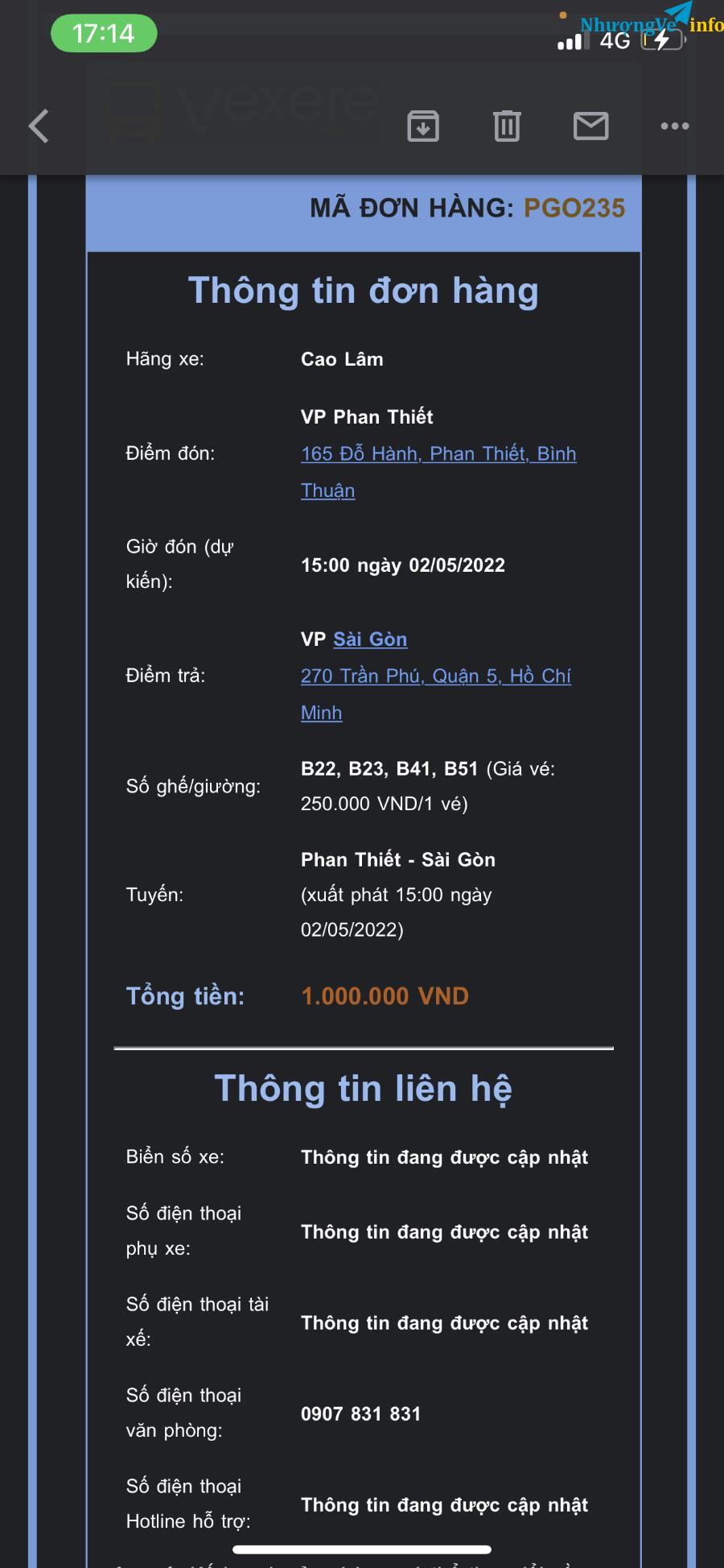 Ảnh Nhượng vé Bình Thuận đi Sài Gòn 15h 2/5 (đổi lịch miễn phí)