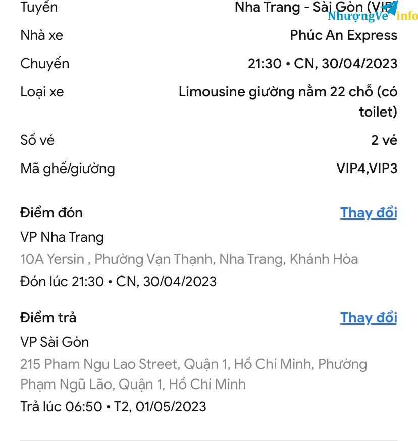 Ảnh Cần nhượng lại 2 vé xe giá 600k Nha Trang- Sài Gòn ngày 30/4. Nhà xe Phúc An,