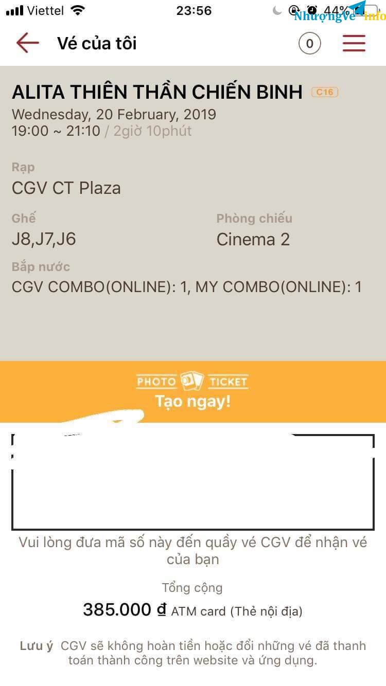 Ảnh Nhượng vé xem Alita tại CGV CT Plaza