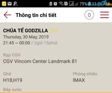 Ảnh 2 vé " CHÚA TỂ GODZILLA", thứ 5: 30/5/2019 ( xuất chiếu sớm) tại CGV Landmark 81 ( vé IMAX)