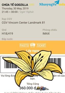 Ảnh 2 vé " CHÚA TỂ GODZILLA", thứ 5: 30/5/2019 ( xuất chiếu sớm) tại CGV Landmark 81 ( vé IMAX)