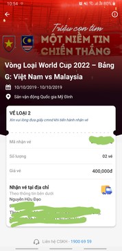 Ảnh Cặp vé loại 2 giá hợp lý cho trận Việt Nam - Malaysia 10/10