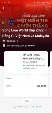 Ảnh Vé bóng đá Vietnam - Malaysia, khán đài B - QRCode, 2500k/cặp