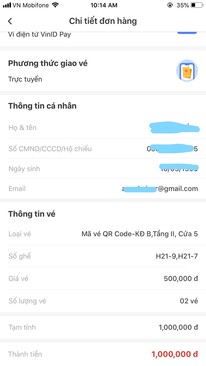 Ảnh 1 cặp vé QR Code 500k KĐ B cửa 5 tầng 2. Vị trí đẹp. Vé QR nên ko mất thời gian xếp hàng. xem sướng