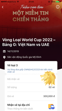 Ảnh Cặp vé VIETNAM - UAE loại 300k