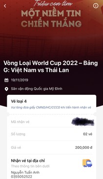 Ảnh Pass lại 1 cặp vé trận cầu Hot Việt Nam vs Thái Lan