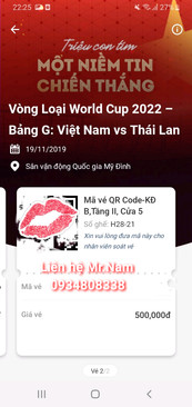 Ảnh Cặp vé qr code VN-UAE, VIỆT NAM-THÁI LAN khán đài B